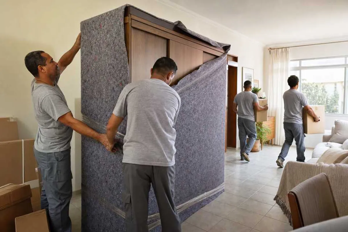 Mudança residencial em Dourados com equipe embalando guarda-roupa em cobertores de proteção