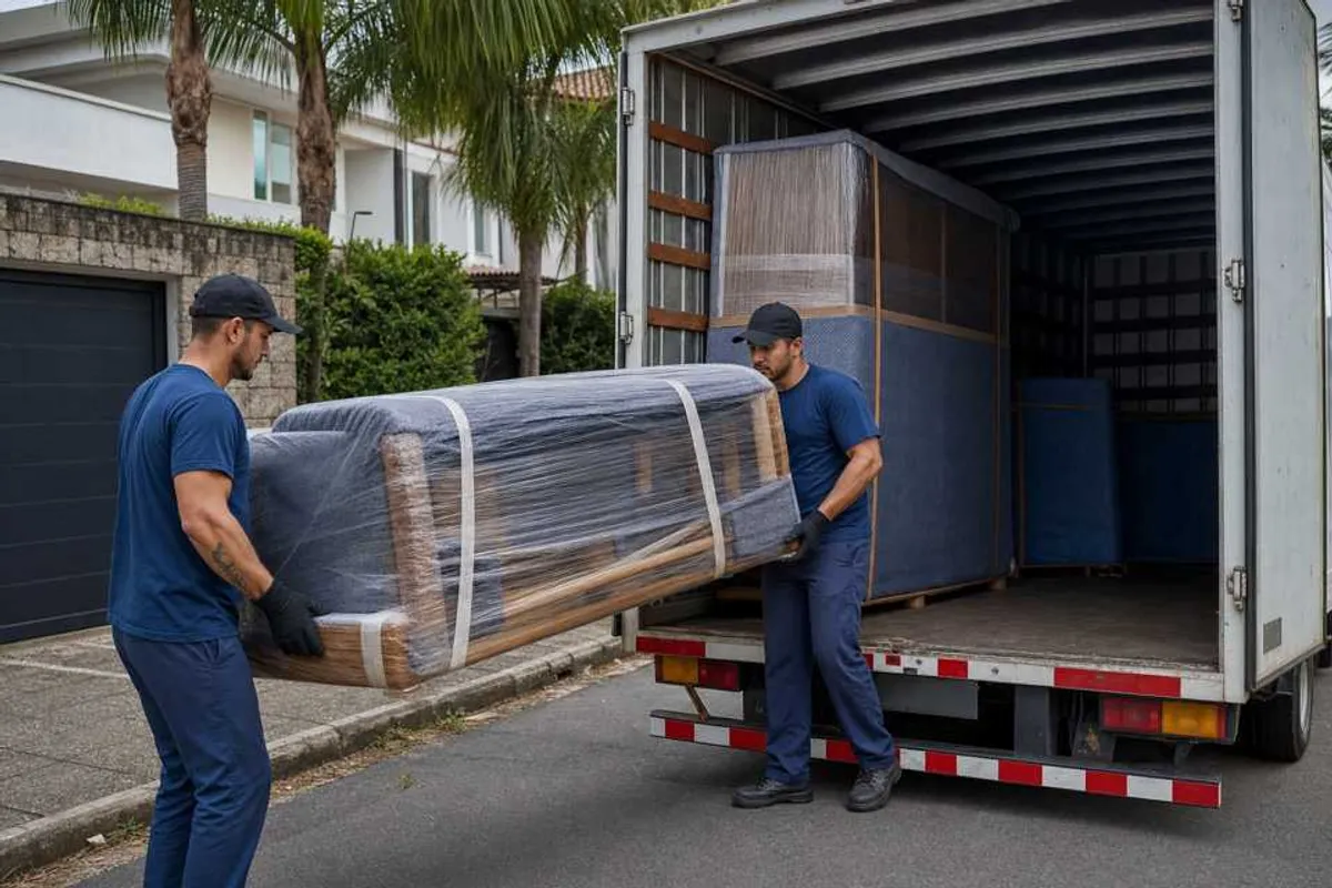 Equipe de mudanças carregando móveis embalados em caminhão em Dourados