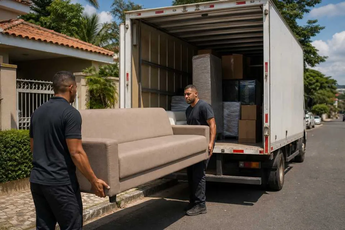Equipe de mudança carregando móveis e caixas em caminhão no Jardim Água Boa, Dourados