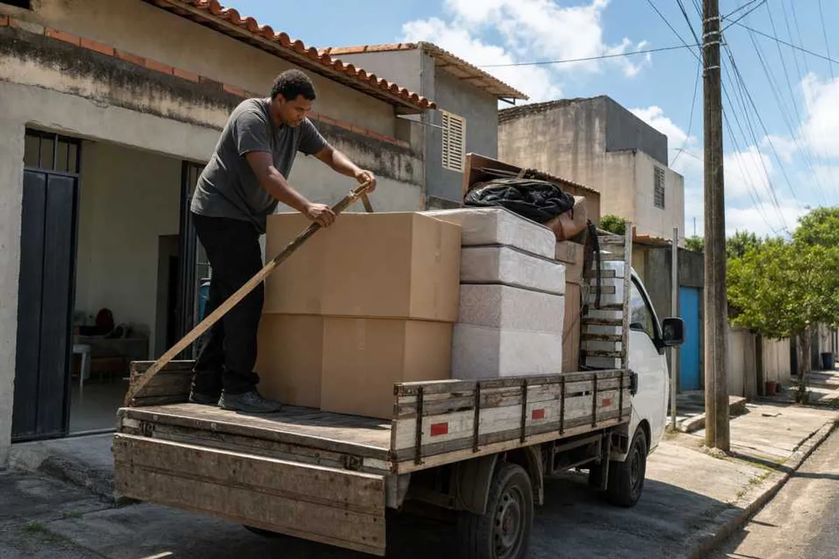 Trabalhador de carreto amarrando caixas e colchão na carroceria de caminhonete em bairro residencial de Dourados