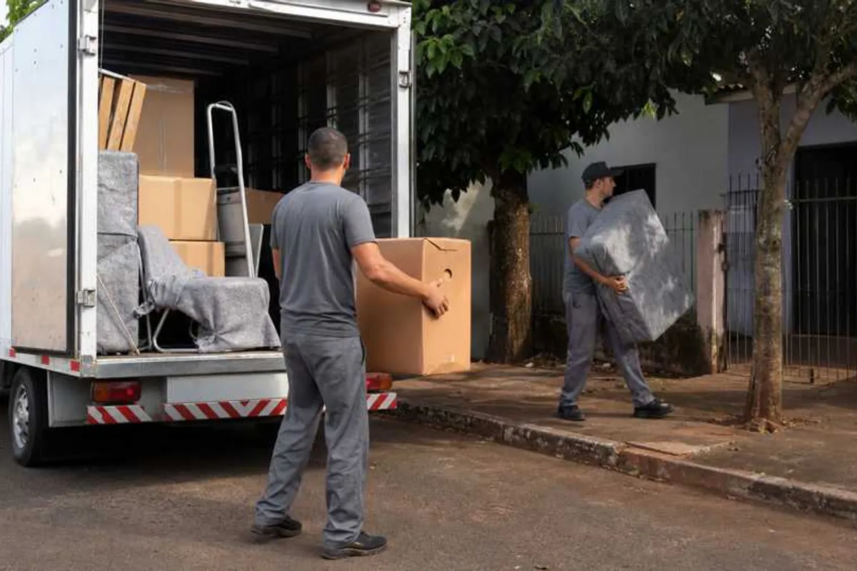 Caminhão de frete com equipe carregando caixas em bairro de Dourados
