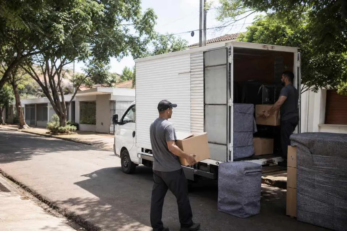 Profissionais de frete carregando caixas e móveis protegidos em caminhão no Jardim Flórida, Dourados