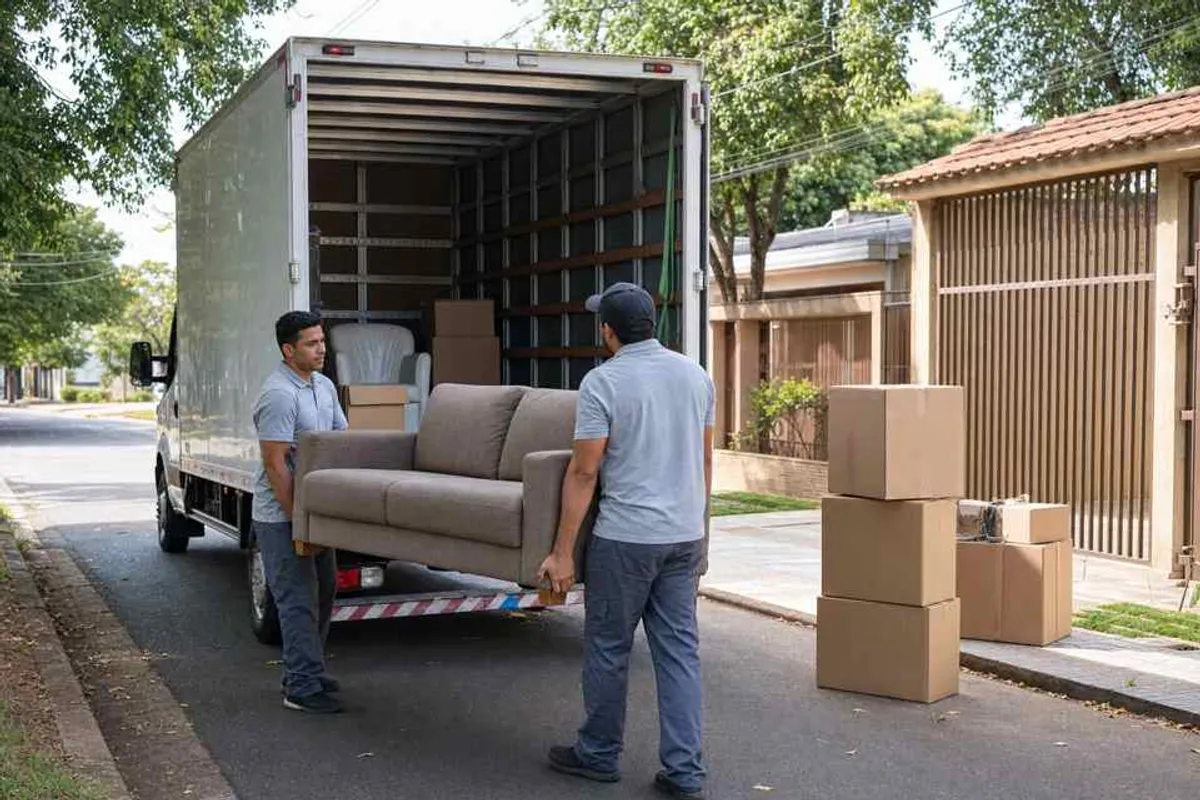 Equipe de frete carregando móveis no Jardim Guaicurus em Dourados