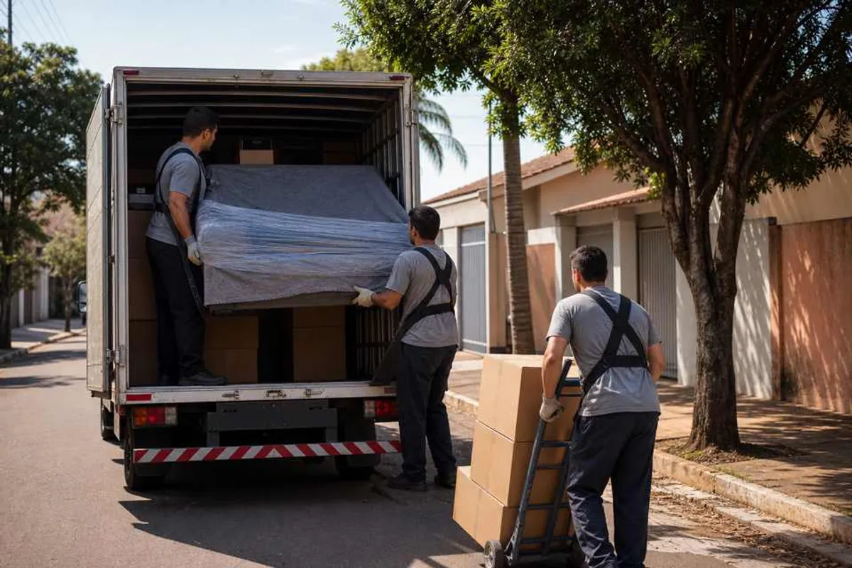 Equipe de frete carregando sofa protegido em caminhao pequeno no Parque Alvorada, em Dourados